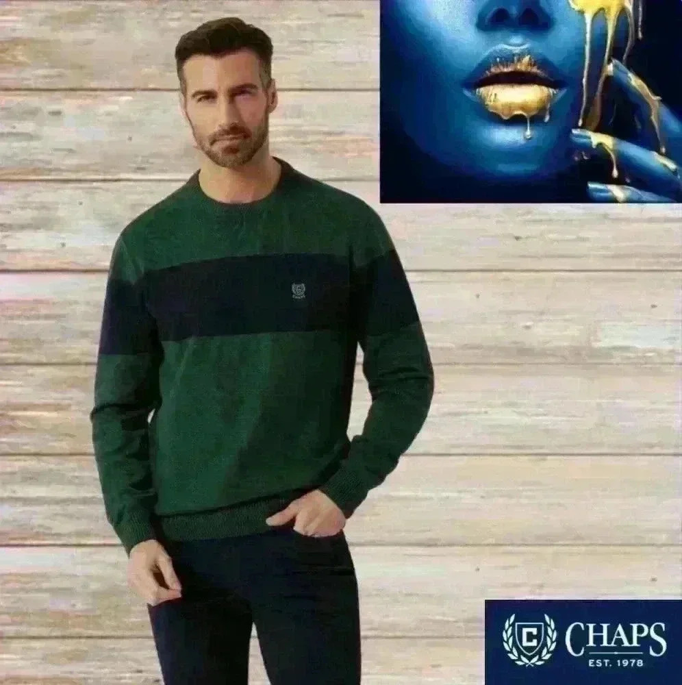 Men's Chaps Sweater, Green Knit Crew Neck Jumper Sweater Size L